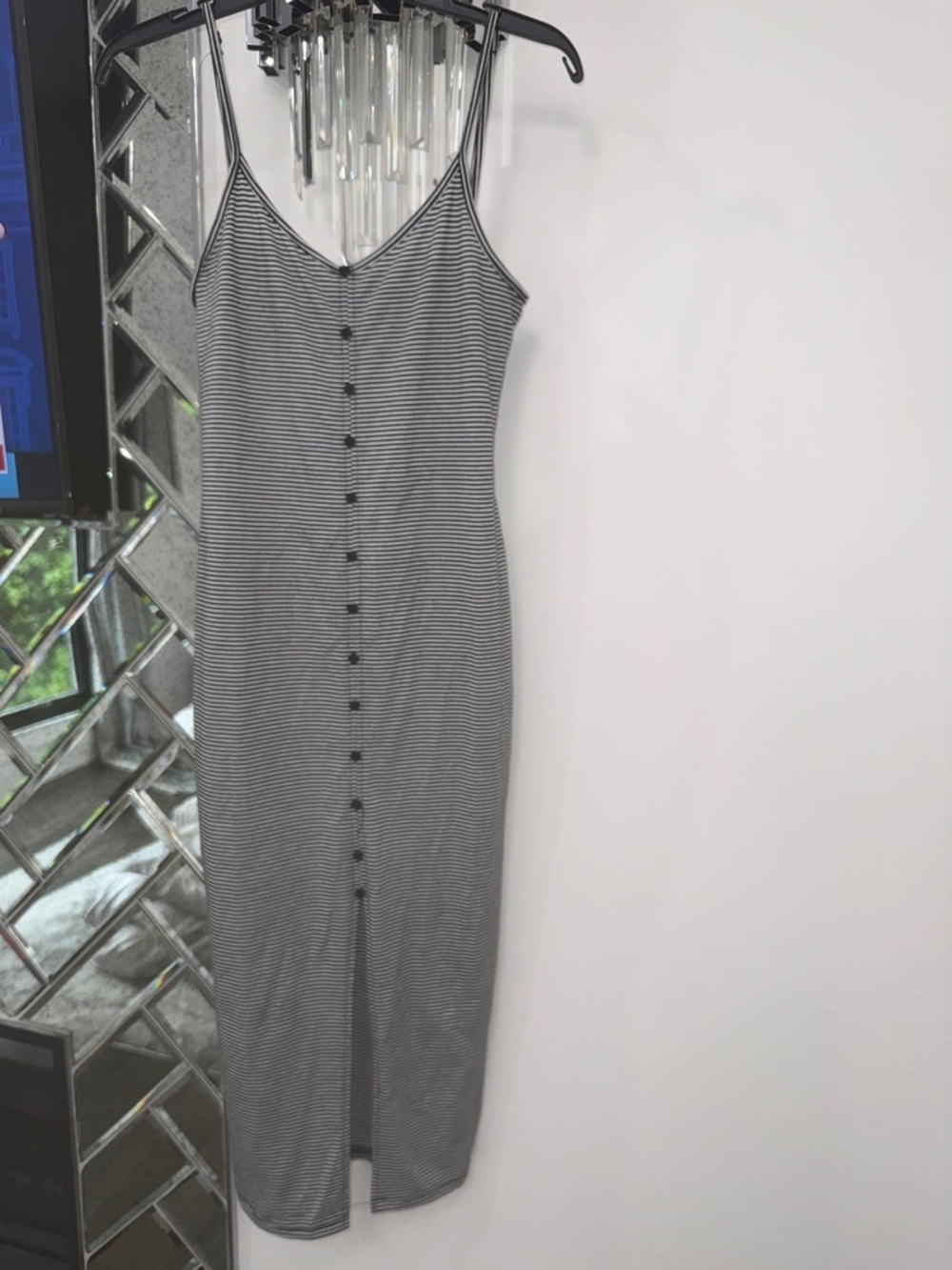 SHEIN Striped Button-Front Midi Slip Dress in Black and White